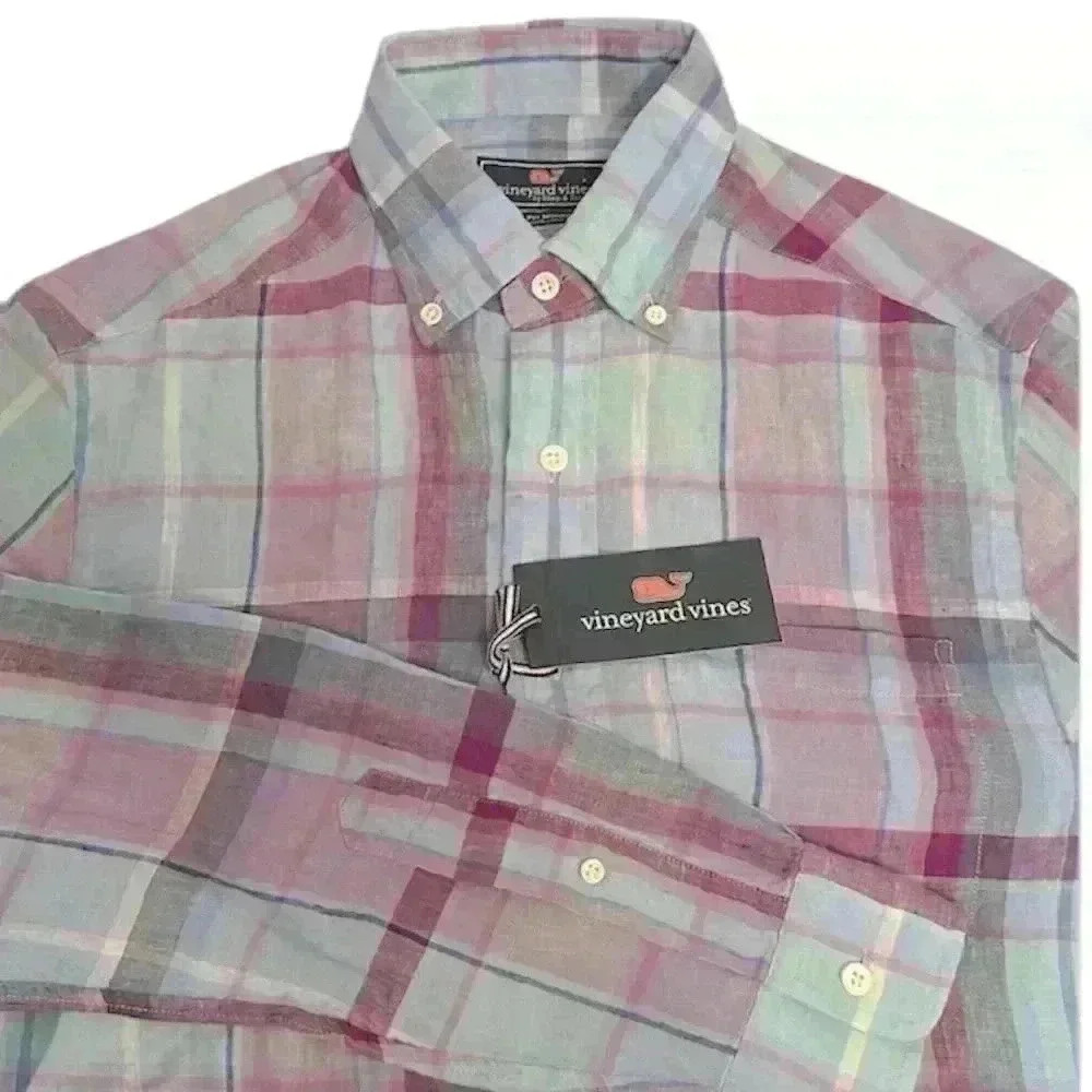 NWT Vineyard Vines 100% Linen Long Sleeve Button Down Plaid Shirt Men’s Size XS